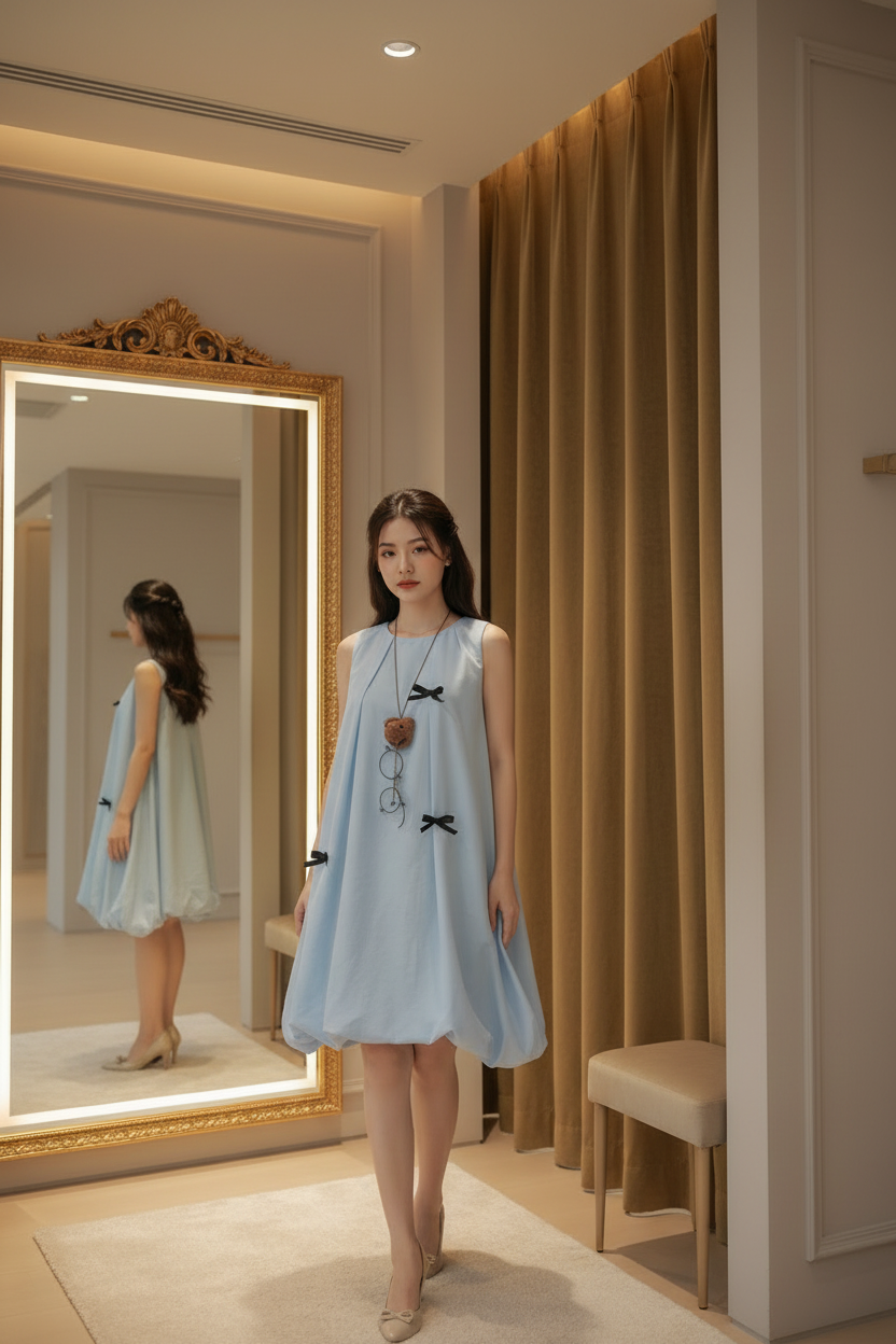 Sky Blue Bow Bubble Hem Dress
