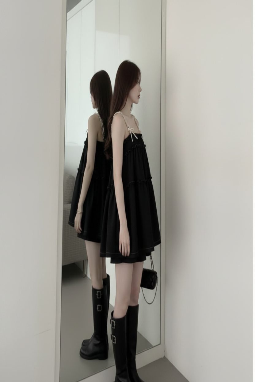 Black Lace-Trim Cami Dress & Shorts Set