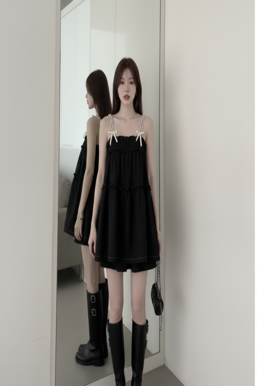 Black Lace-Trim Cami Dress & Shorts Set