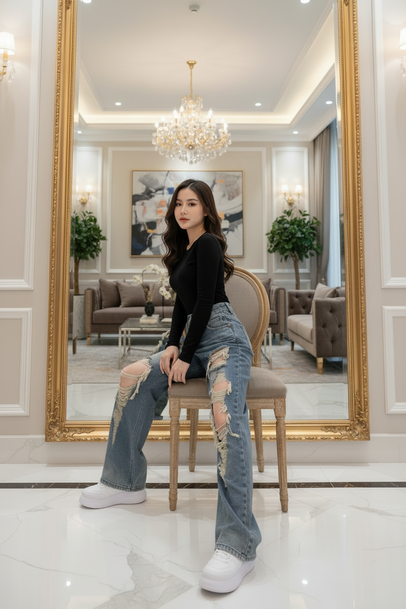Vintage Wash High-Waist Distressed Wide-Leg Jeans