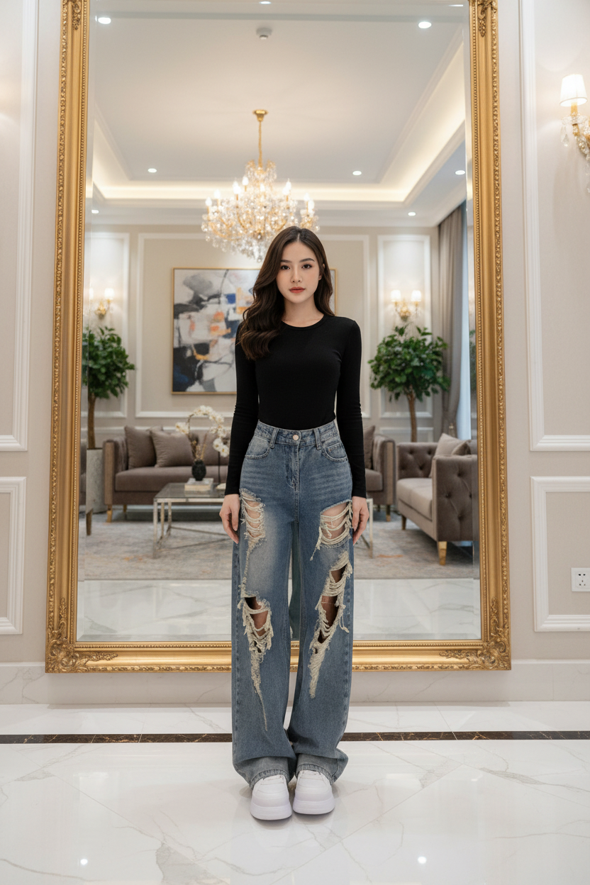 Vintage Wash High-Waist Distressed Wide-Leg Jeans