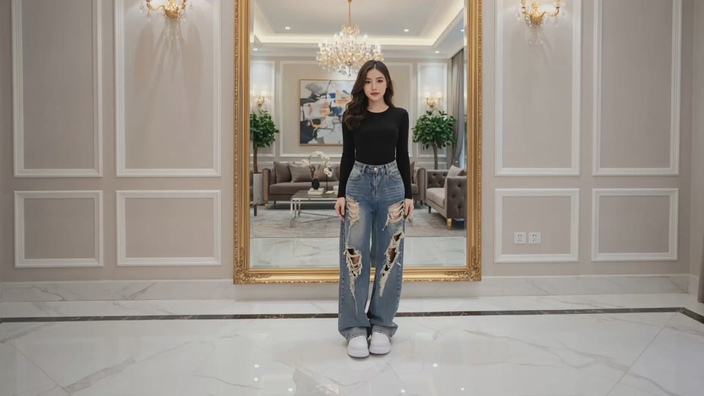 Vintage Wash High-Waist Distressed Wide-Leg Jeans