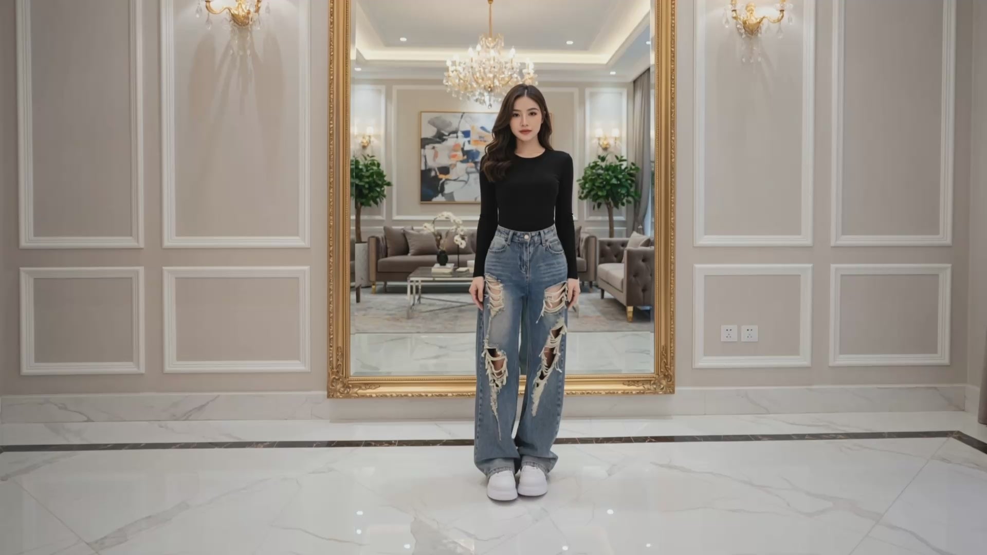 Vintage Wash High-Waist Distressed Wide-Leg Jeans